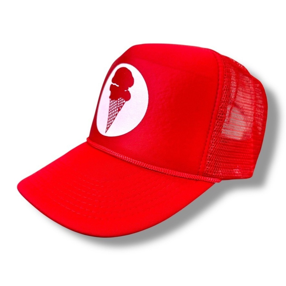 Red Ice Cream Trucker Hat Summer Cap Novelty Graphic White Circle Mesh